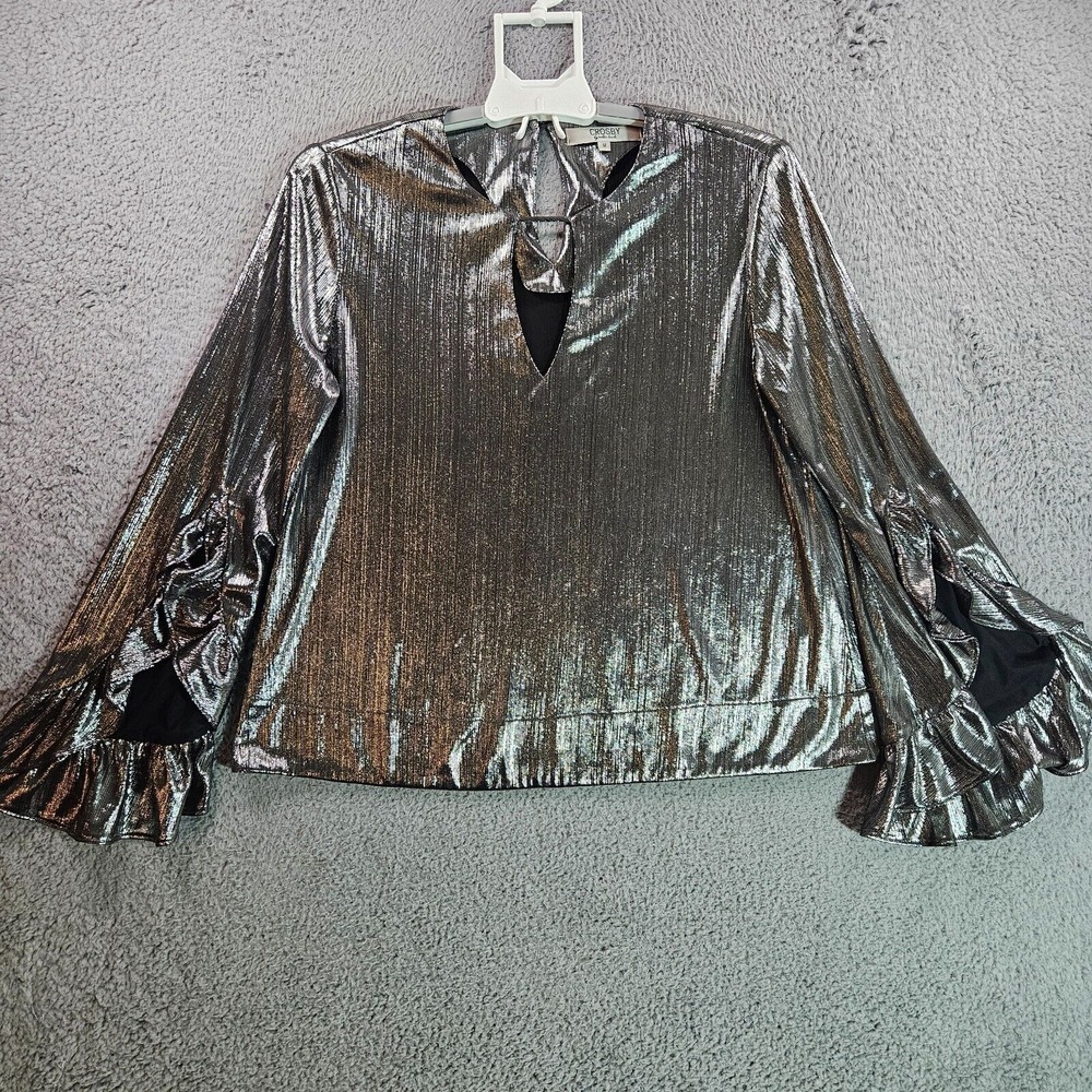 Crosby By Mollie Burch Top Blouse Women Medium Shiny Glitter Silver‎ Elegance